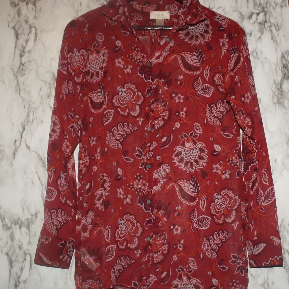 Red Paisley LOFT Top Semi-Sheer Long Sleeve XSmall